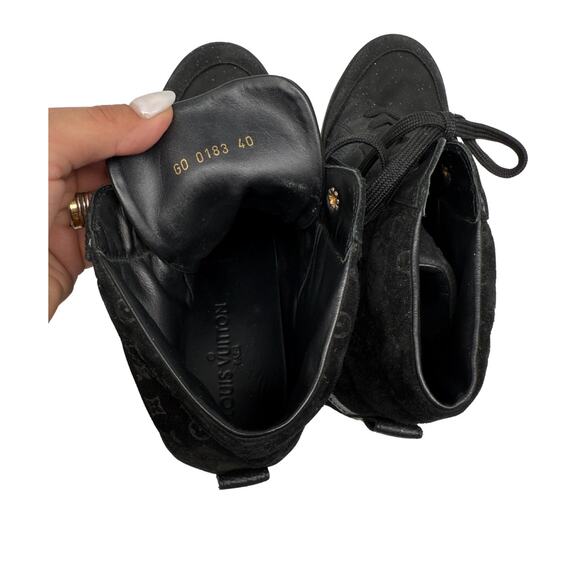 Louis Vuitton Leather Suede Monogram Cliff Top Wedge Sneaker Black Size 40 - Picture 9 of 13